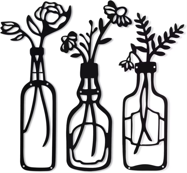 3 Pieces Metal Black Classic Vase Flowers Wall Decor Wall Art - Image 2