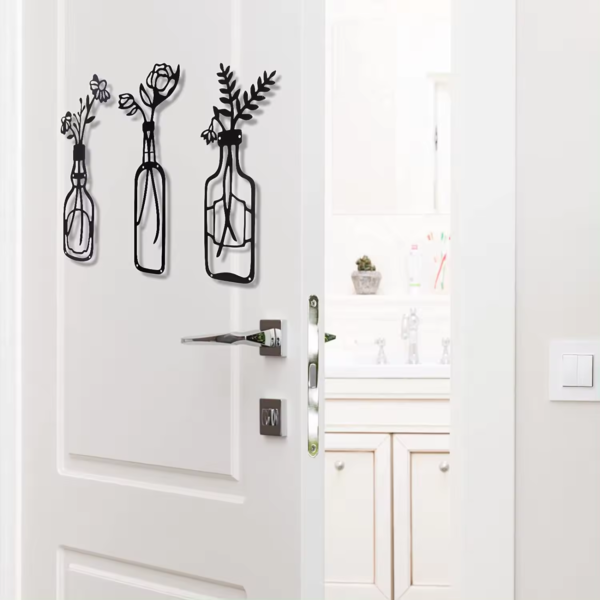 3 Pieces Metal Black Classic Vase Flowers Wall Decor Wall Art - Image 3