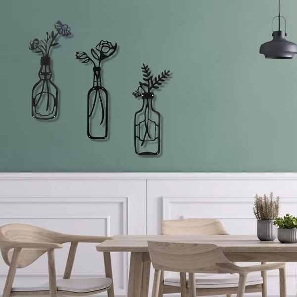 3 Pieces Metal Black Classic Vase Flowers Wall Decor Wall Art - Image 4