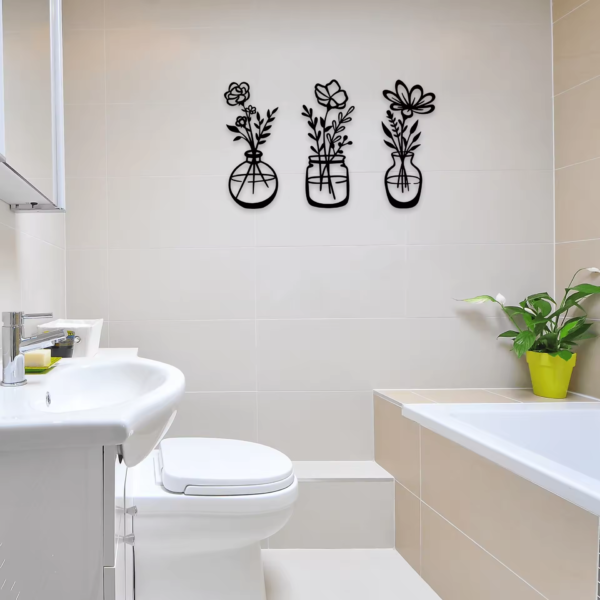 3 Pieces Metal Black Classic Vase Flowers Wall Decor Wall Art - Image 2