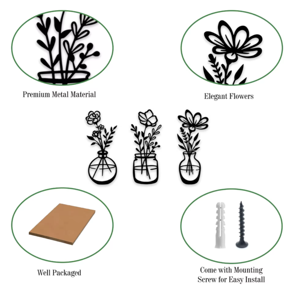 3 Pieces Metal Black Classic Vase Flowers Wall Decor Wall Art - Image 3